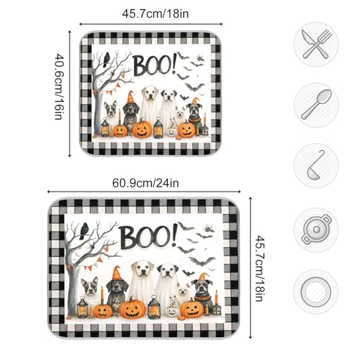 Halloween Dogs Dish Drying Mat 16x18 Inches Raven Bat Pumpkin Reusable Microfiber