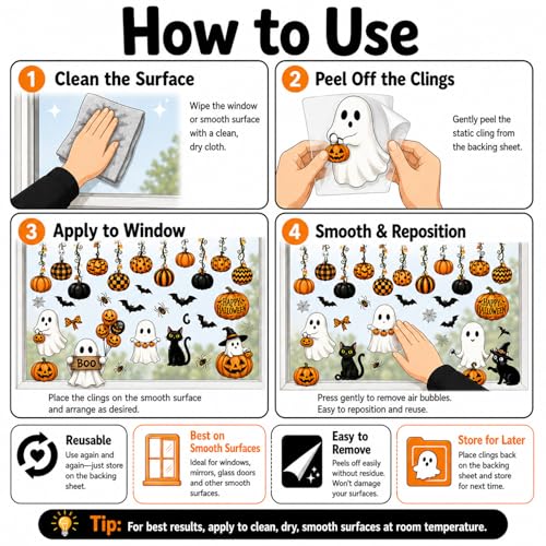 Halloween Window Clings Set - Cute Ghost Pumpkin Black Cat Decorations