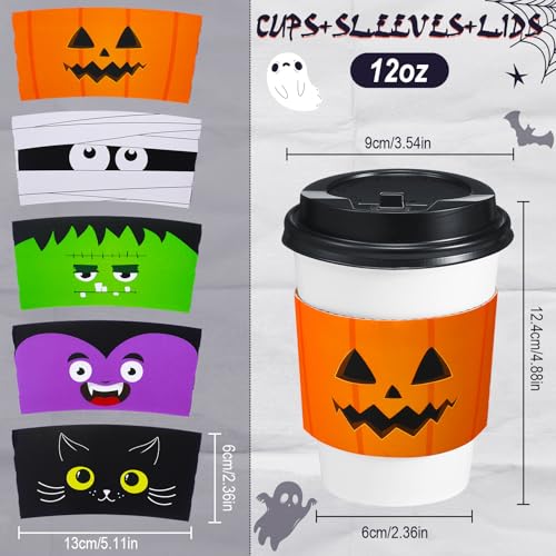 Halloween Coffee Cups with Lids & Sleeves - 50 Pack, Classic Pattern, 12 oz, Halloween Theme