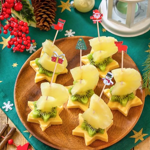 Christmas Toothpicks Pack - 100 Natural Bamboo Cocktail Picks with Holiday Designs