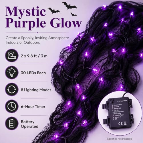Gilprop Halloween Wall & Stair Decoration Set - Purple, Bat Stickers, Fairy Lights & Creepy Cloth