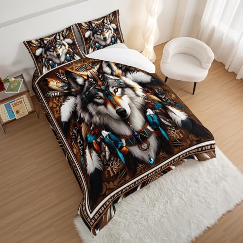 Wolf Twin Comforter Bedding Set with Pillowcases - Brown, Animal Decor