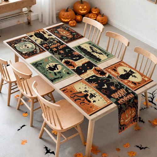 Halloween Placemats with Runner Set - Scary Forest Gothic Bat Skull Design, Washable 12x18 Inches