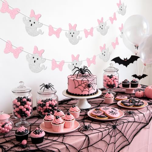 Pink Bow Ghost Garland Banner Halloween Party Decor - Silver Pink Variation