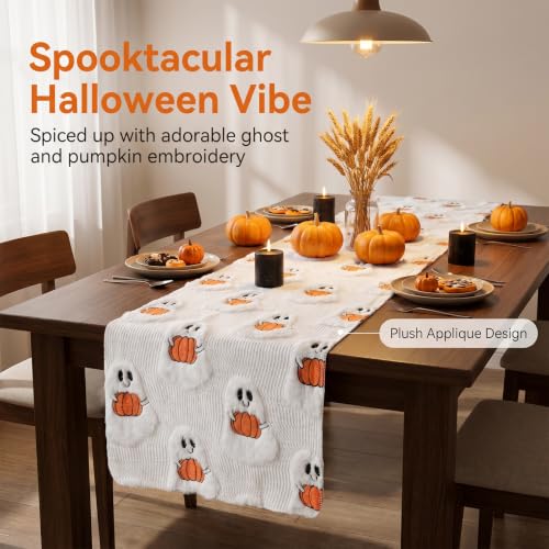 Halloween Faux Fur Table Runner 13x72 Inches with Embroidered Ghost & Pumpkin