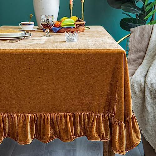 70x52 Inch Velvet Rectangular Tablecloth with Ruffle - Golden Camel