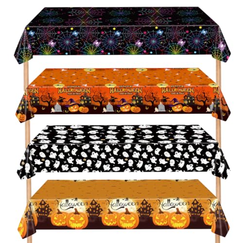 Halloween Tablecloth Set 4 Pack 54x108 Inch Spider Web Pumpkin Bat Designs - Party Decor