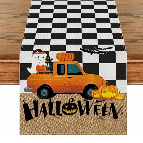 Halloween Table Runner 13x72 Inch Linen Fall Decor with Bat Pumpkin Ghost Trucks - Spooky Seasonal Tablecloth