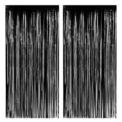 Black Tinsel Curtain Backdrop - 2 Pack PET Fringe Panels, 3.3 x 6.6 FT - Black Variation