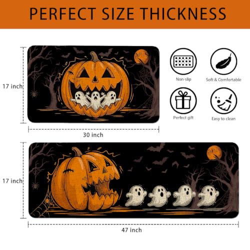 Halloween Kitchen Mat Set of 2 Non-Slip Washable Halloween Rugs - Pumpkin Ghost Variation