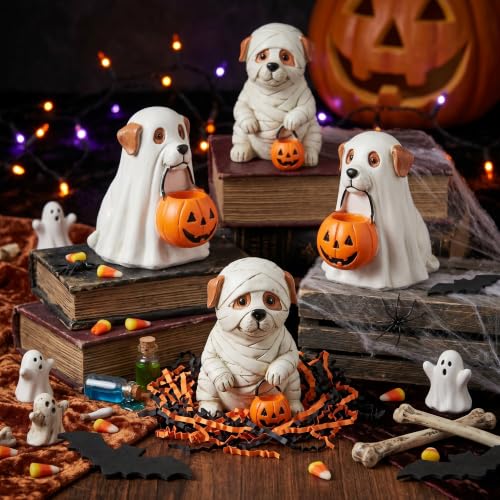 Halloween Ghost Dog Decor Set - Mummy & Pumpkin Figurines for Fall Home Decor