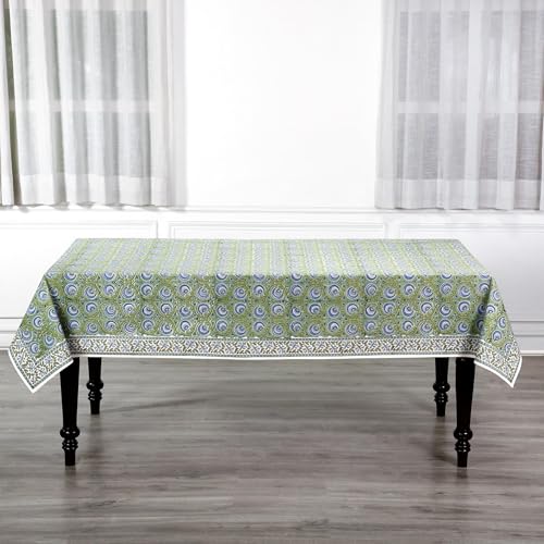 Ridhi Verdant Mist Hand Block Print Cotton Tablecloth 120x60 Rectangular