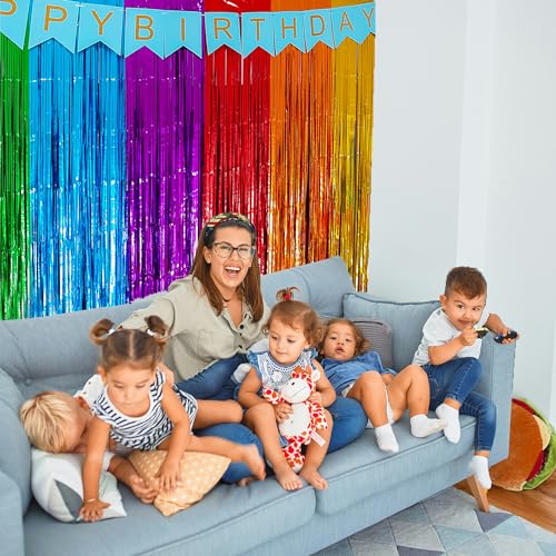 Rainbow Foil Fringe Curtains 2 Pack - Birthday Party Decorations 3.3x6.6 ft