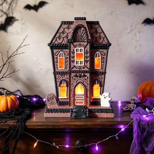 Brown Lighted Haunted House - 12 Inch Halloween Village Decoration