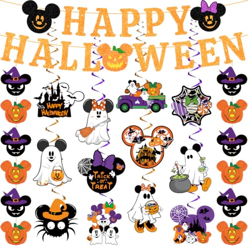 Halloween Decorations Glitter Banner Set with Ghost Pumpkin Witch Hat and Spooky Ornaments
