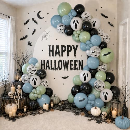 Halloween Latex Balloons Set - Black Blue Green Ghost Bat Prints, 35 Pack with Bat Stickers