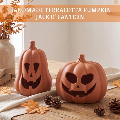 Terracotta Jack O Lantern Pumpkin Decor Set - Halloween Ghost Carved Tea Light Holders - Variation of Terracotta