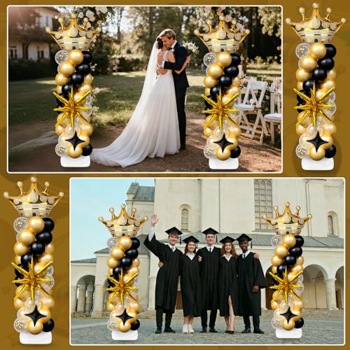 Black and Gold Balloon Column Stand Kit with Foil & Latex Balloons for Party Decorations - Adjustable Floor Tower