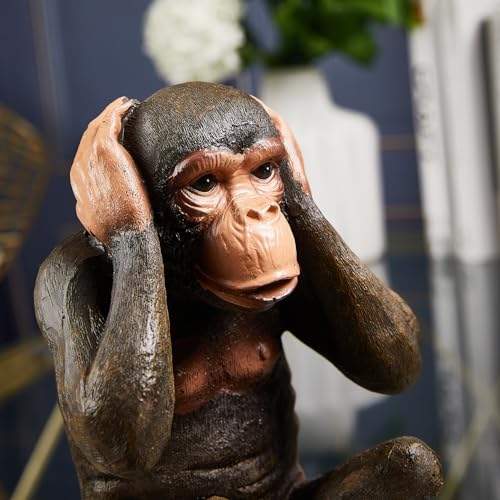 Set of 3 Monkey Statues - Hear No Evil See No Evil Speak No Evil Resin Sculptures for Home Office Decor - Large Brown Monkeys