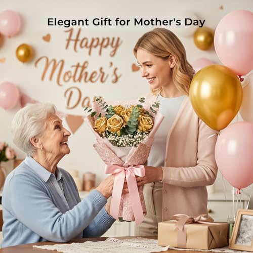 Gold Artificial Roses Bouquet - 14 Silk Roses with Bendable Stems