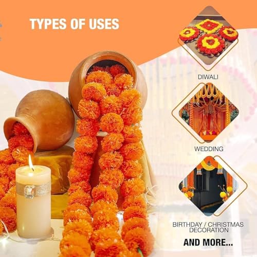 Artificial Marigold Garland for Decoration - Yellow & Mango, 5 Feet