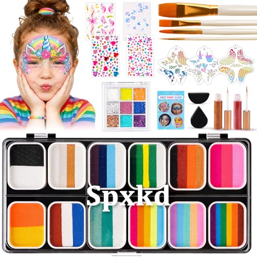 Multicolor Face Painting Kit for Kids & Adults - Split Cake Palette, Glitter, Stencils