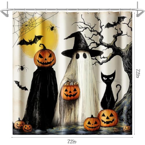 Halloween Fall Shower Curtain Set with Hooks - Rustic Witches Ghosts Pumpkins Black Cat Fabric Bathroom Decor 72x72
