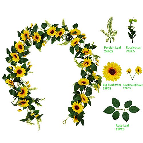 Artificial Sunflower Garland with Green Leaves 1.95m for Wedding Party & Christmas Decor - Variation of A-Sunflower-1.95m