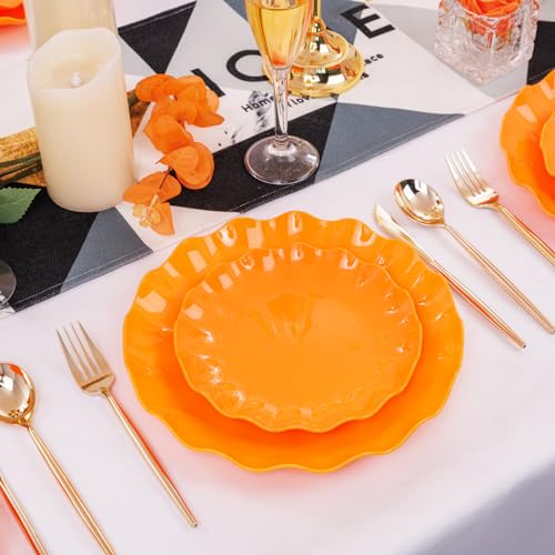 Reusable Orange Plastic Dinner & Dessert Plates Set for 12 Guests - Fall & Holiday Tableware with Lotus Edge