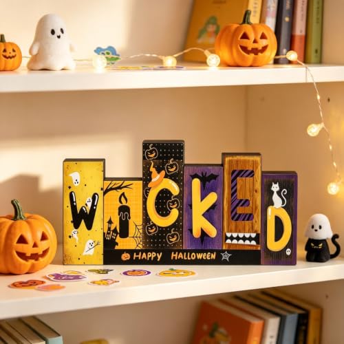 Wicked Halloween Wooden Sign - Ghost Pumpkin Bat Decor Indoor Tabletop