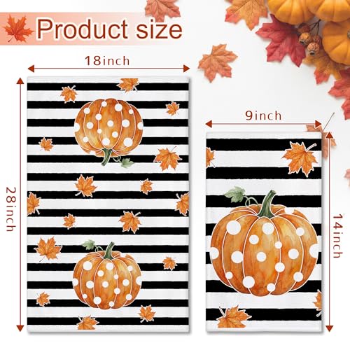 Pumpkin Stripe Fall Kitchen Towels Set of 2 - 18x28 Inches, Autumn Decor