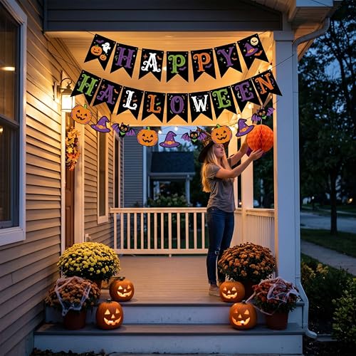 Halloween Party Decorations Indoor - Purple Orange Black Banner Pom Poms Swirls - Variation B