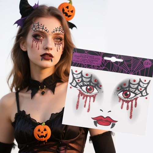 Halloween Face Tattoo Spider Web Stickers with Rhinestones - Variation 08.Halloween B