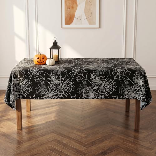 Halloween Spider Web Waterproof Tablecloth - Black Gothic Dining Cover, 144x60 Inches, Variation of Spiderweb