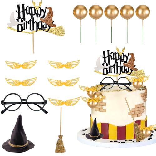 Wizard Cake Topper 14PCS Magical Wizard Party Decorations for Halloween & Birthday - Gold & Glasses Variation 2