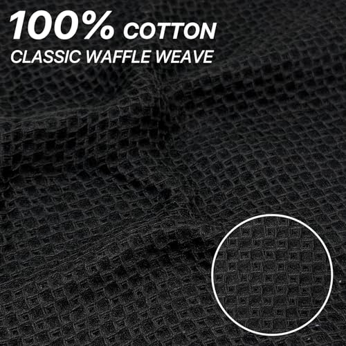 Black Cotton Waffle Weave Kitchen Towels 6 Pack - 12x12 Inches, Ultra Soft & Absorbent