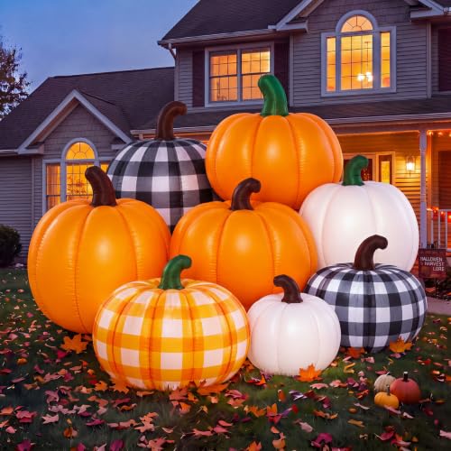 Leyndo 5.91 ft Plaid Stacked Pumpkin Inflatable Outdoor Decoration - Harvest Fall Yard Decor