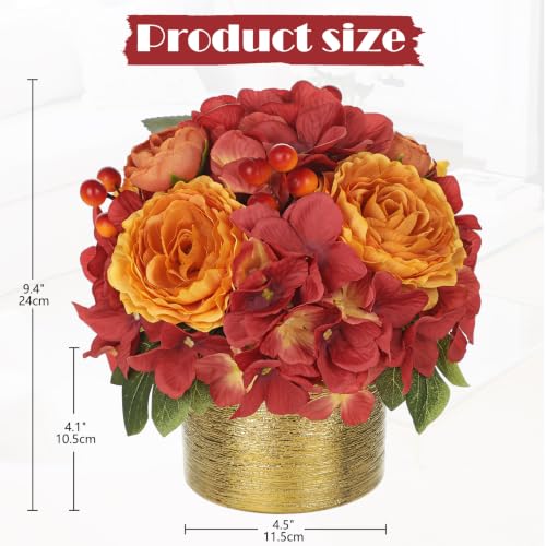 Artificial Fall Rose Hydrangeas with Golden Pot - Autumn Home Decor, Realistic Faux Flowers, Table Centerpiece