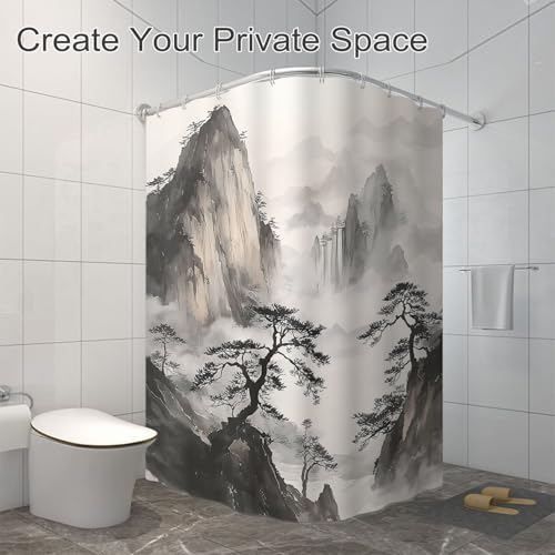 72x72 Inch Waterproof Mountain Tree Cloud Landscape Bathroom Shower Curtain with Hooks - Home Decoration