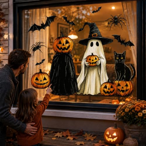 Halloween Window Clings Decor Set - Ghost, Pumpkin, Bat, Black Cat