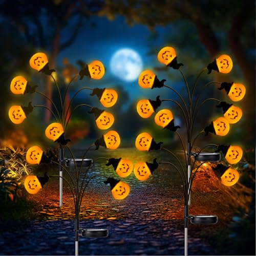 Outdoor Halloween Pumpkin Stake Lights with Solar Fireflies - Waterproof Yard Decor