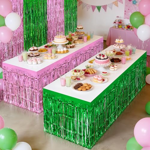 Pink & Green Foil Fringe Curtains & Table Skirts Party Decor Set