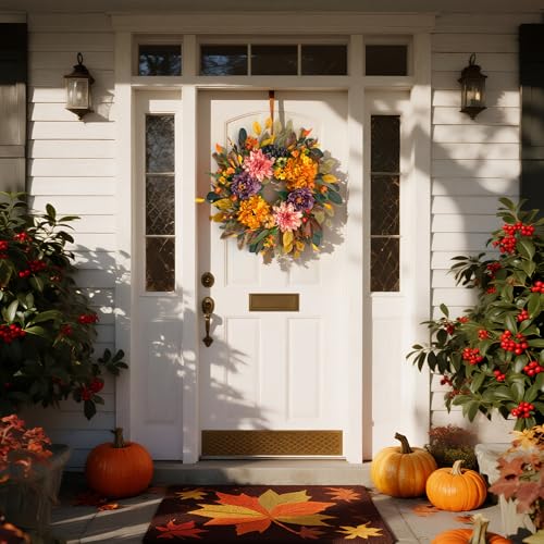 24 Inch Autumn Front Door Wreath with Artificial Flowers and Pumpkins
