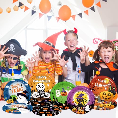 Halloween Paper Plates 9 Inch 60 Pack - Trick or Treat Boo Pumpkin Black Cat Spider
