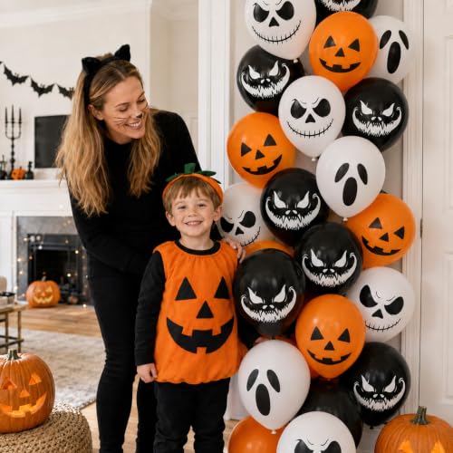 Halloween Balloons Set - Black & Orange with Ghost, Pumpkin & Skulla Designs - 30 Pieces