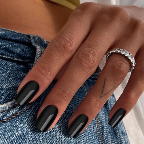 Short Squoval Press-On Nails - Solid Black, 30Pcs, 15 Sizes, Variation: Short Square Round Black