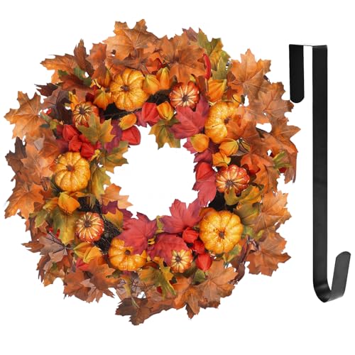 Large 24 Inch Autumn Fall Wreath for Front Door with Pumpkins and Leaves
