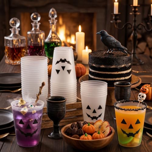 Halloween Black 16 oz Frosted Plastic Pumpkin Face Cups - Bulk Set