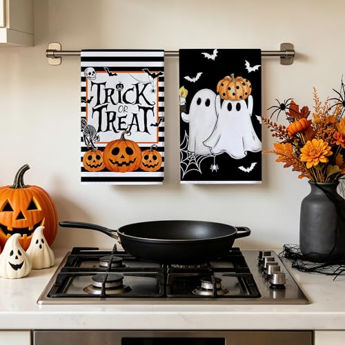 Hexagram Halloween Kitchen Towels Set of 2 - Black Stripe Ghost Design, 18x28 Inches