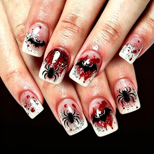 Halloween Square Press On Nails Blood Splash Spider Bat Design - Variation 10